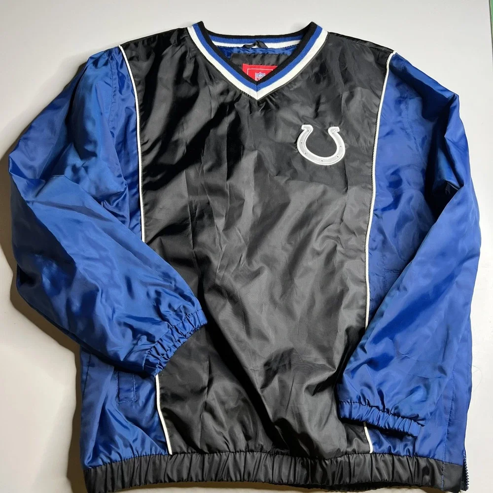 NFL Indianapolis Colts V-Neck Windbreaker Pullover Jacket Blue Black Mens Large